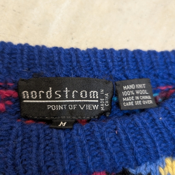VTG 90s Nordstrom Hand Knit Wool Sweater Men's M Aztec Pattern Blue - Picture 3 of 5